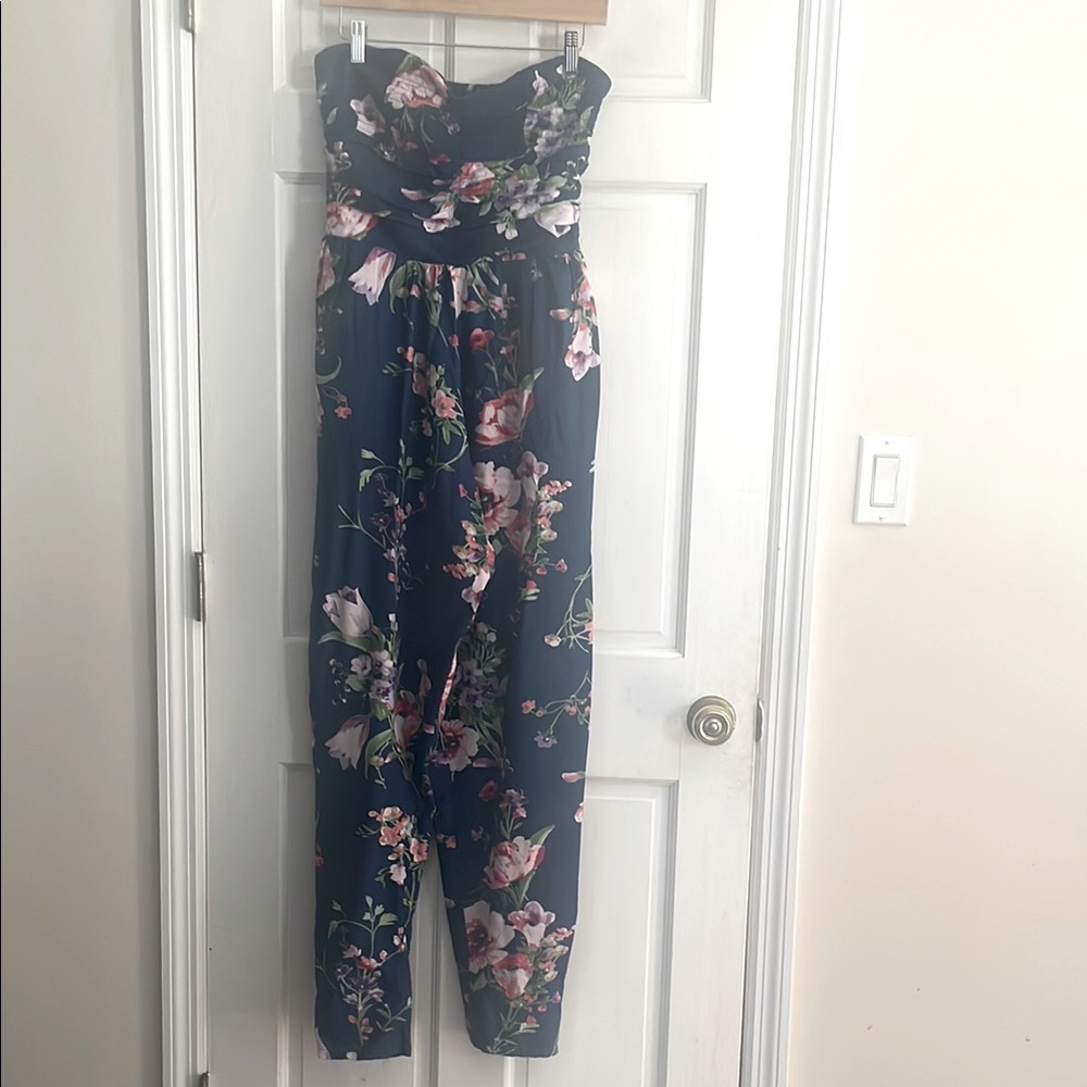 Blue and Pink Floral Strapless Jumpsuit